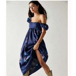 Free People Linda Lou Poplin Blue Floral Midi Dress Size: S
